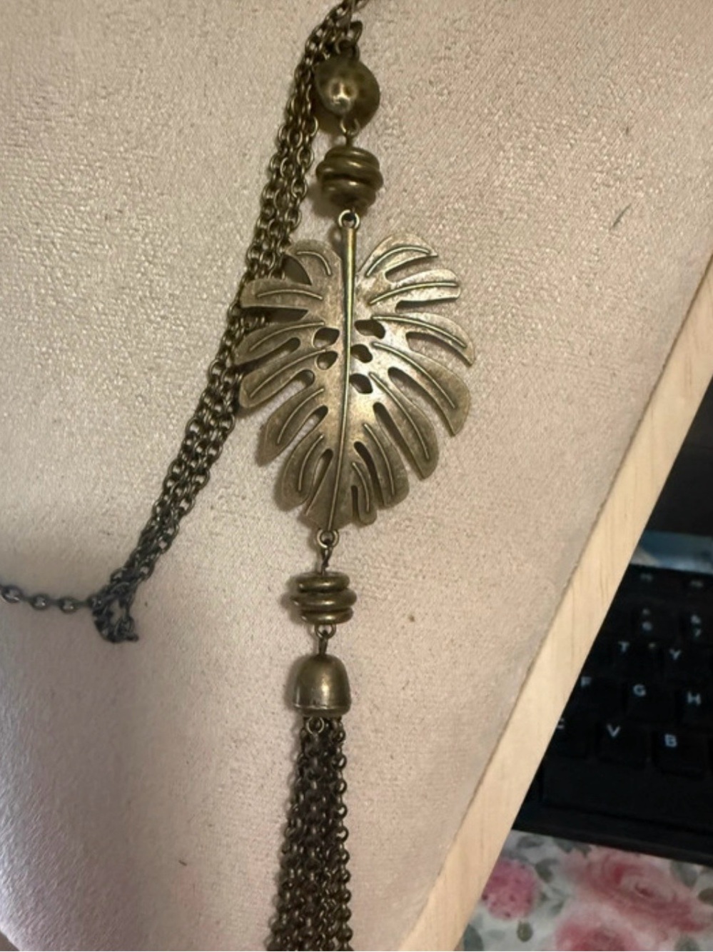 Gold-Tone Monstera Leaf Tassel Pendant Necklace